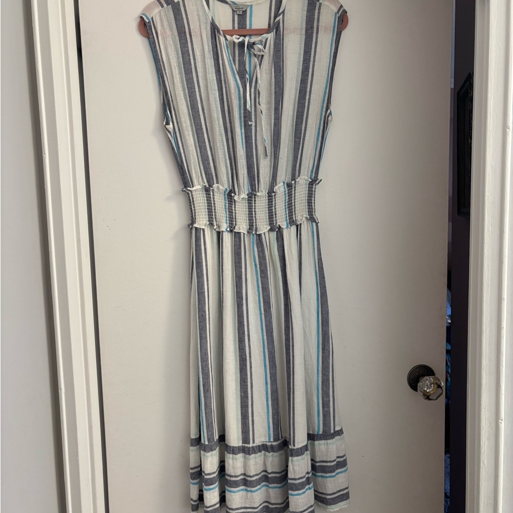 Rails Ashlyn Aegean Blue & White Striped Linen Blend Tie Neck Midi Dress - s - Picture 3 of 7